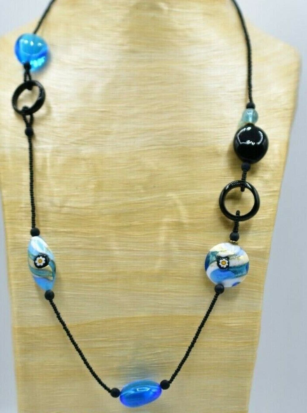 Vintage Millefiori Beaded Necklace Heavy Handblown Artisan Glass Black BinK